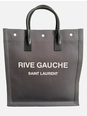 Saint Laurent YSL Rive Gauche Gray Canvas Logo Black Leather Tote Bag